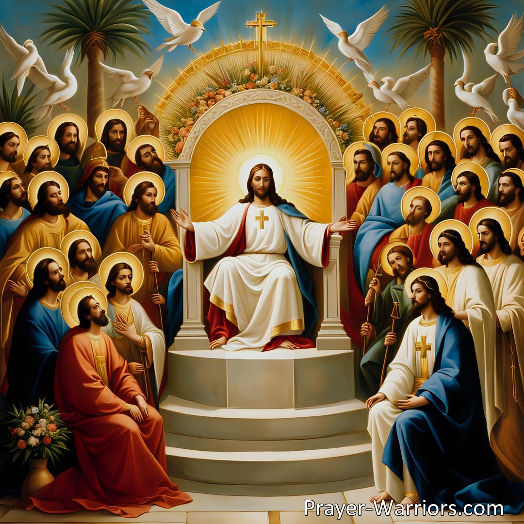 Freely Shareable Hymn Inspired Image Enthroned Is Jesus Now: A Heavenly Celebration of the Savior's Reign. Jesus sits upon His celestial throne, surrounded by saints in awe. They sing praise to the Lamb of God and wear their heavenly crowns. The Holy Ghost's grace guides us to join this radiant host in the sky.