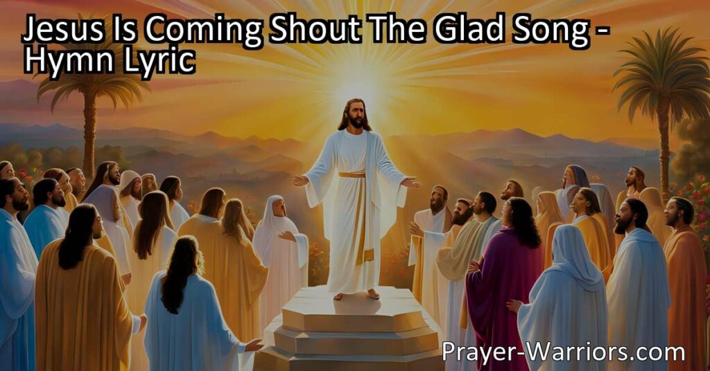 Discover the hope and anticipation in the hymn "Jesus Is Coming Shout The Glad Song." Find comfort in the certainty of Jesus' arrival and the promise of a glorious future. Embrace the joy of being reunited with our Savior in our eternal home.