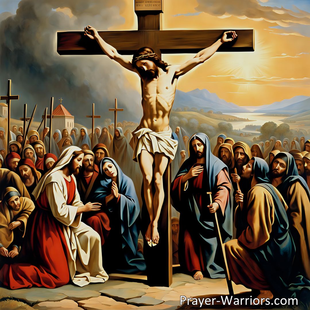 Freely Shareable Hymn Inspired Image Join Mary in mourning the crucifixion of Jesus and reflect on love, sacrifice, and victory. Explore the profound impact of His words and the power of the cross. Embrace love and forgiveness.