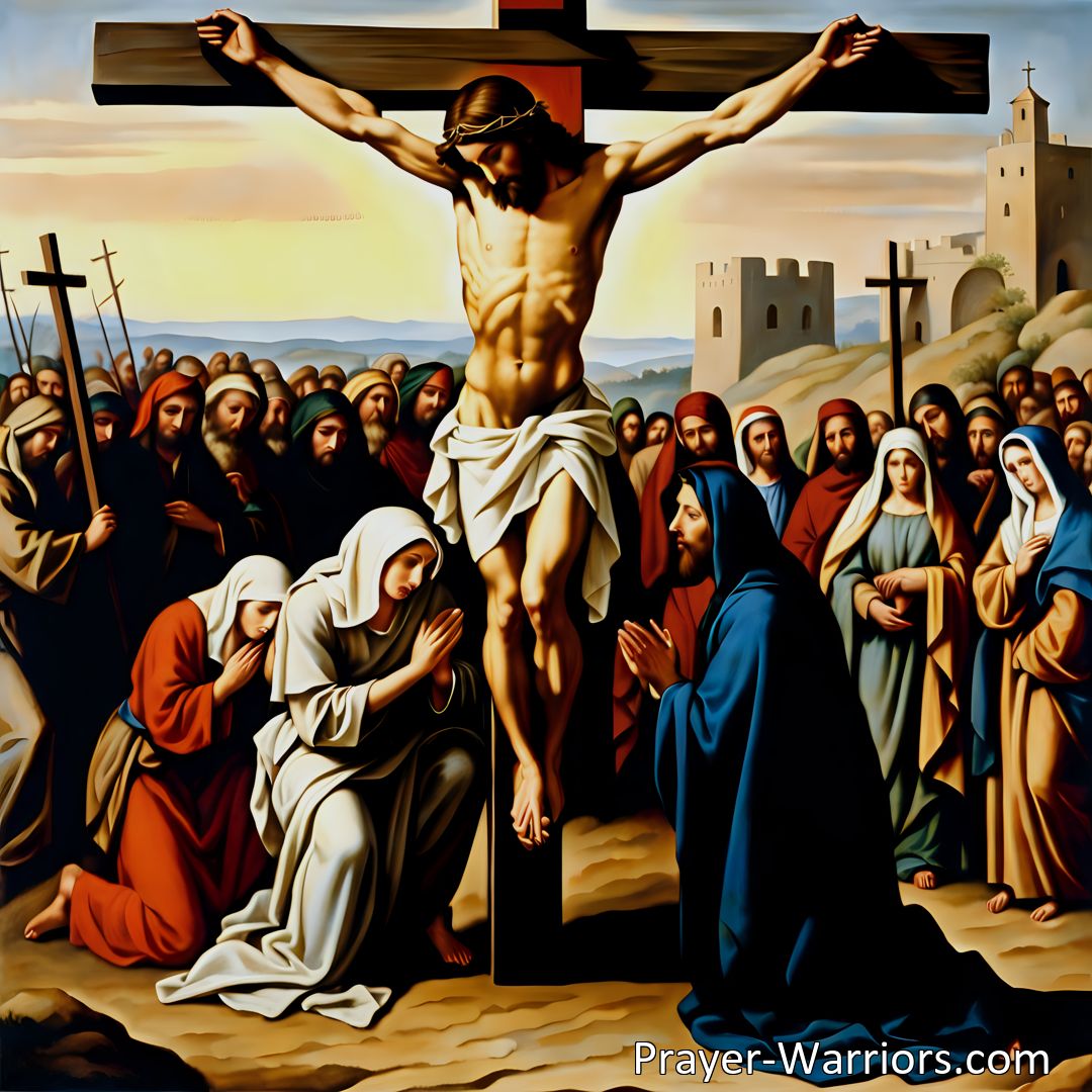 Freely Shareable Hymn Inspired Image Join Mary in mourning the crucifixion of Jesus and reflect on love, sacrifice, and victory. Explore the profound impact of His words and the power of the cross. Embrace love and forgiveness.