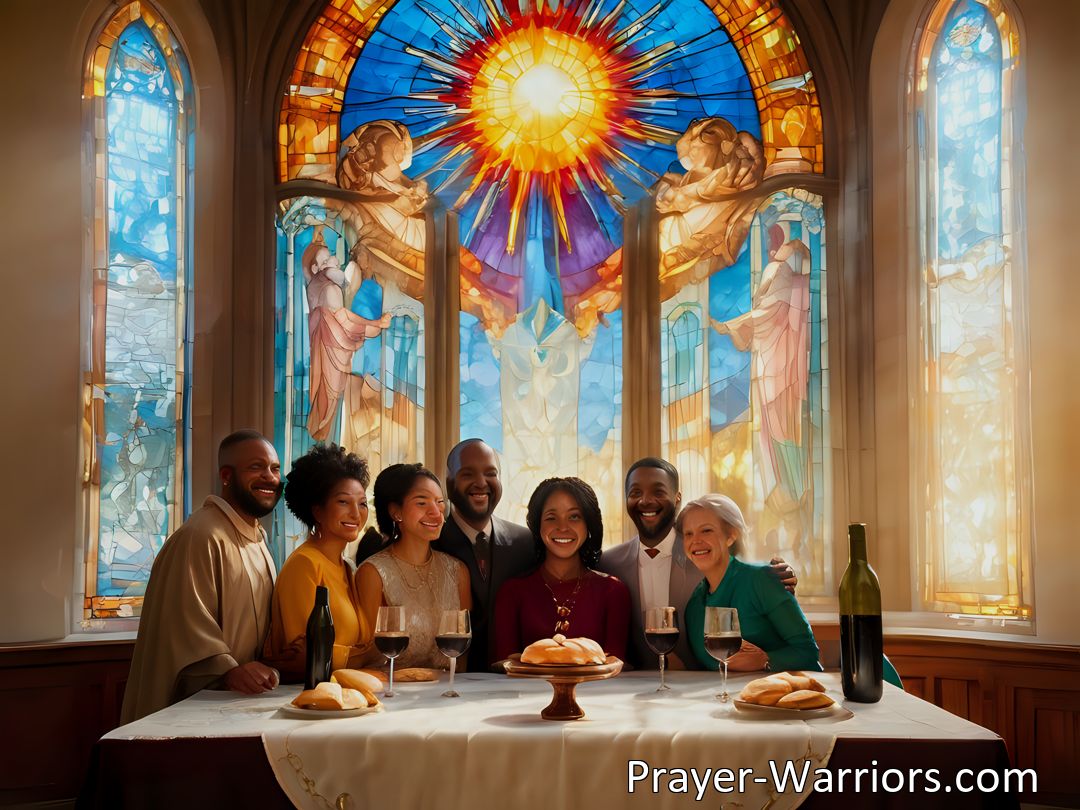 Freely Shareable Hymn Inspired Image Experience the grace of Lord Jesus Christ through communion. Join together in unity to seek forgiveness and joy in his presence. Stay steadfast in faith until the heavenly feast.